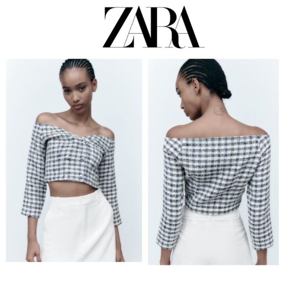 NWT Zara Tweed Off-The Shoulder V-Neck Top with Long Sleeves - Picture 1 of 12